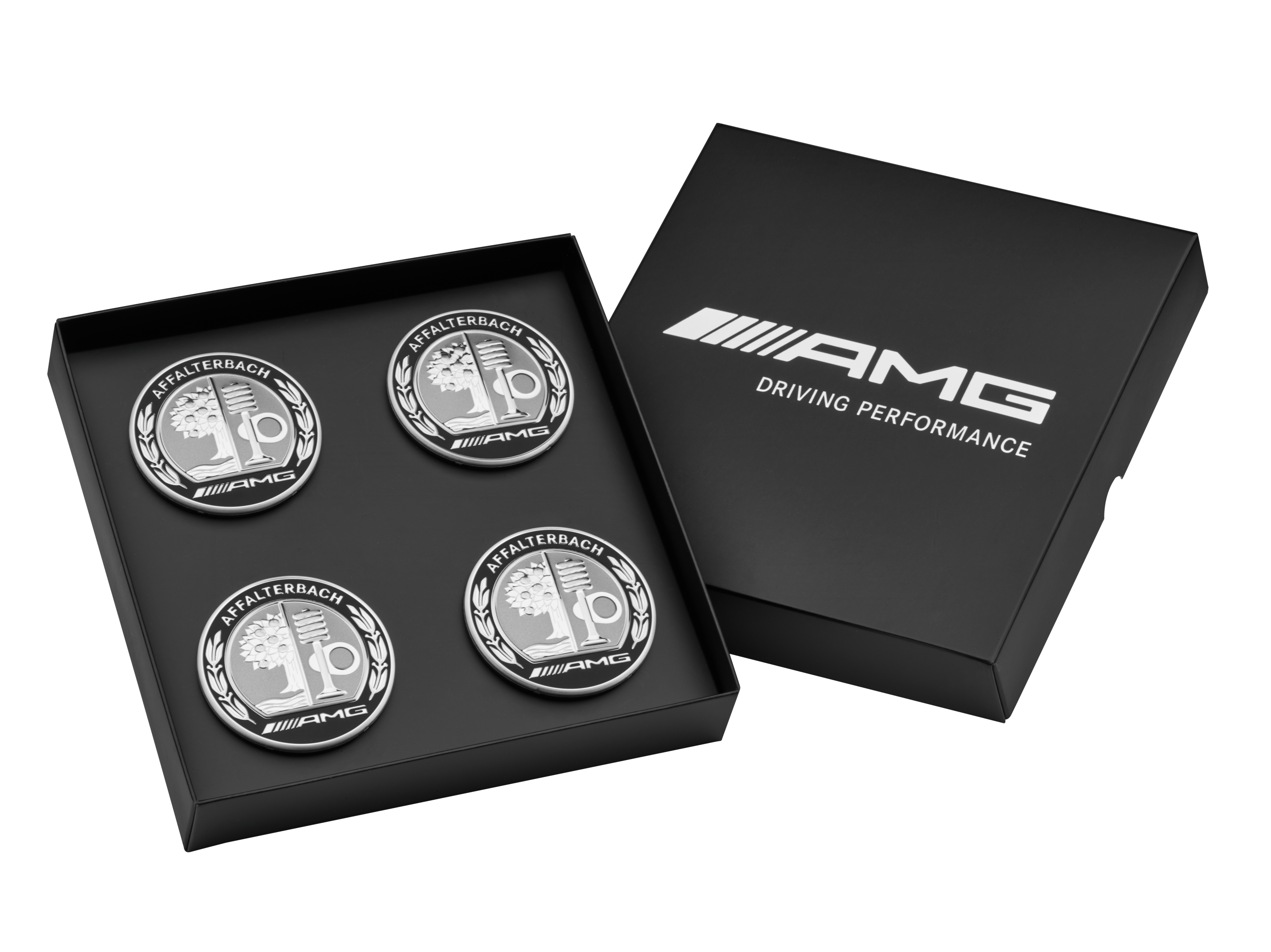 Osłona piasty koła AMG, z godłem AMG, Zestaw 4-częściowy, Do otworu centrującego o średnicy 66,8 mm - srebrny / czerń