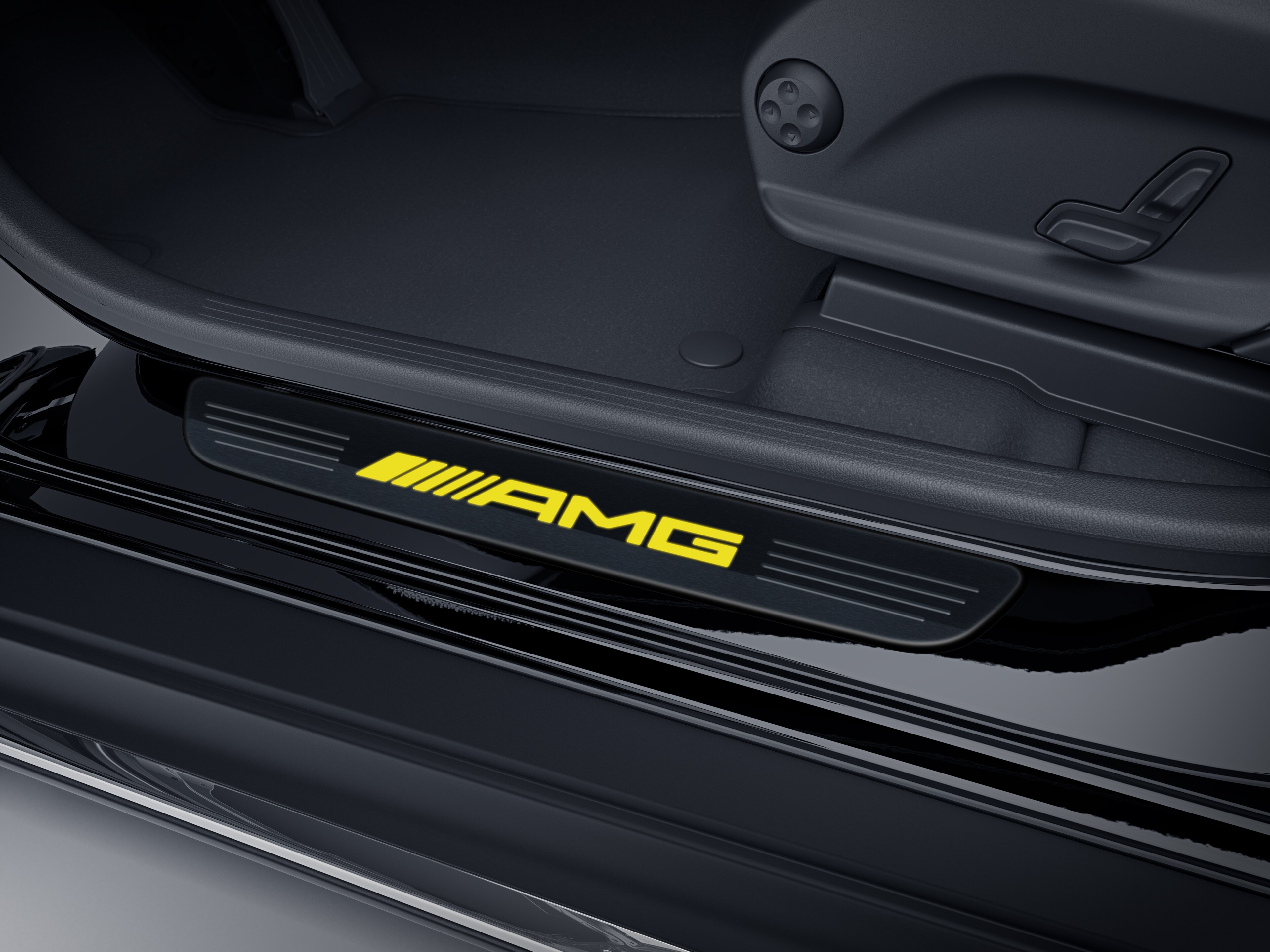 Wymienna nakładka na podświetlaną listwę progową, AMG, z przodu, 1-elementowy - stal nierdzewna, czerń / żółty