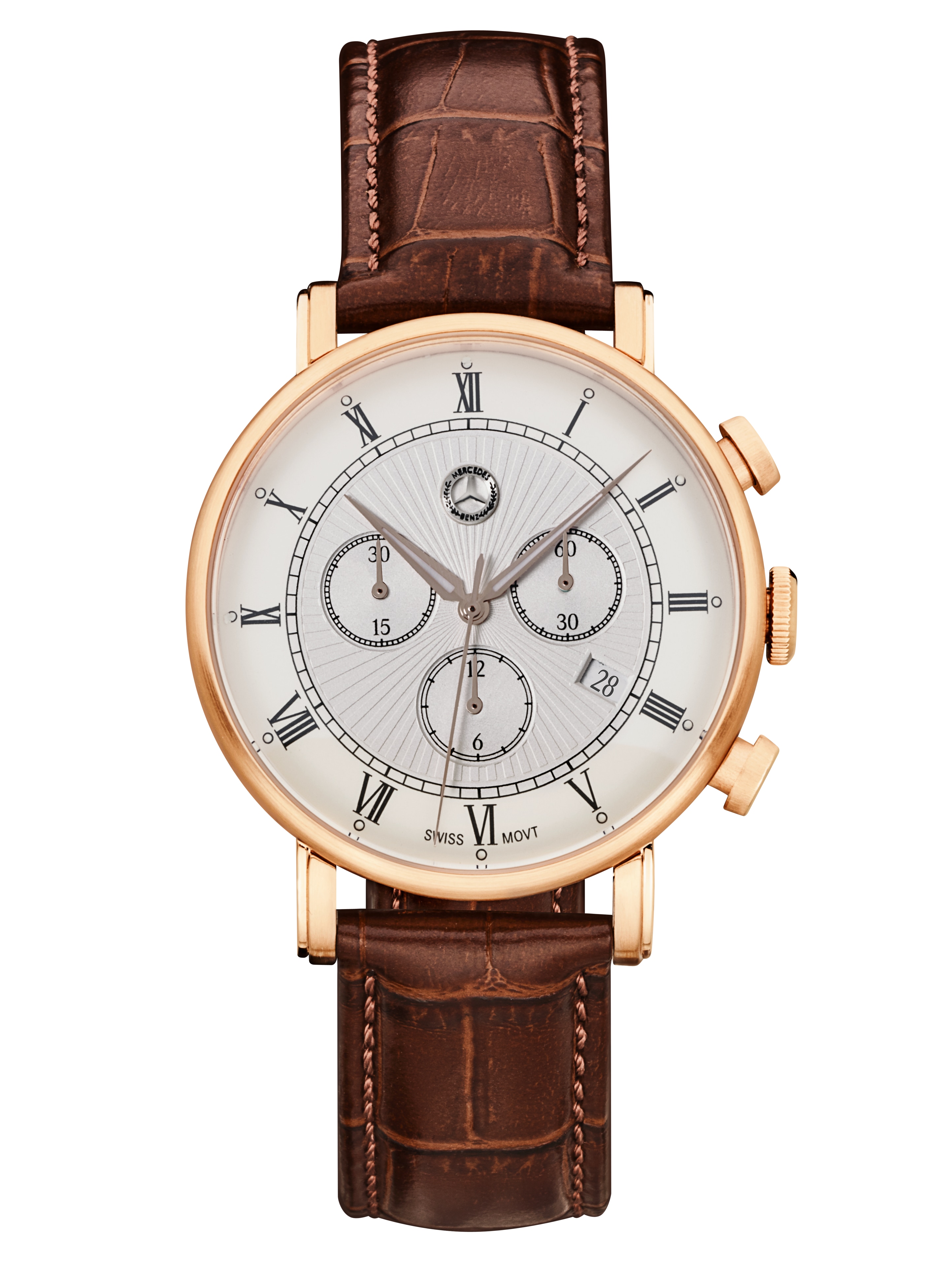 Chronograph Herren, Classic Retro Gold - roségoldfarben / braun, Edelstahl / Kalbsleder