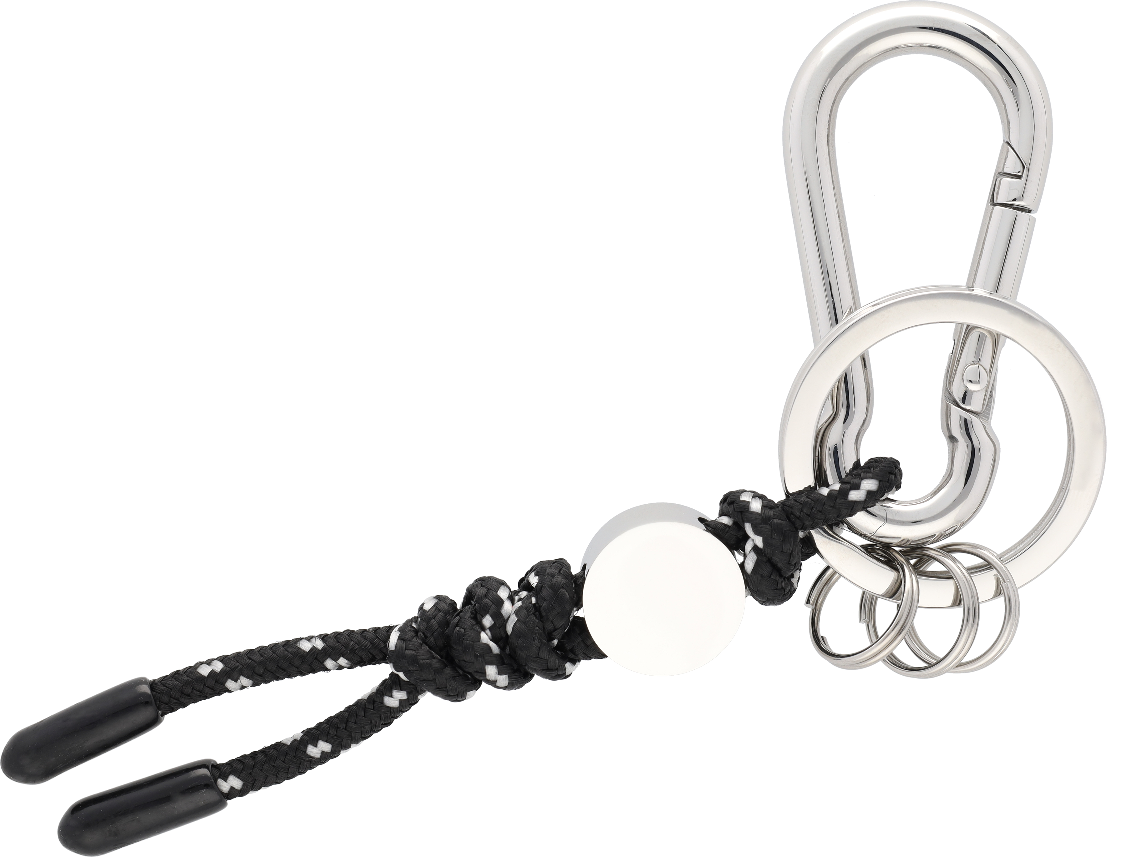 Schlüsselanhänger, Kordel - schwarz / silberfarben, Edelstahl / Nylon, hochglanzpoliert
