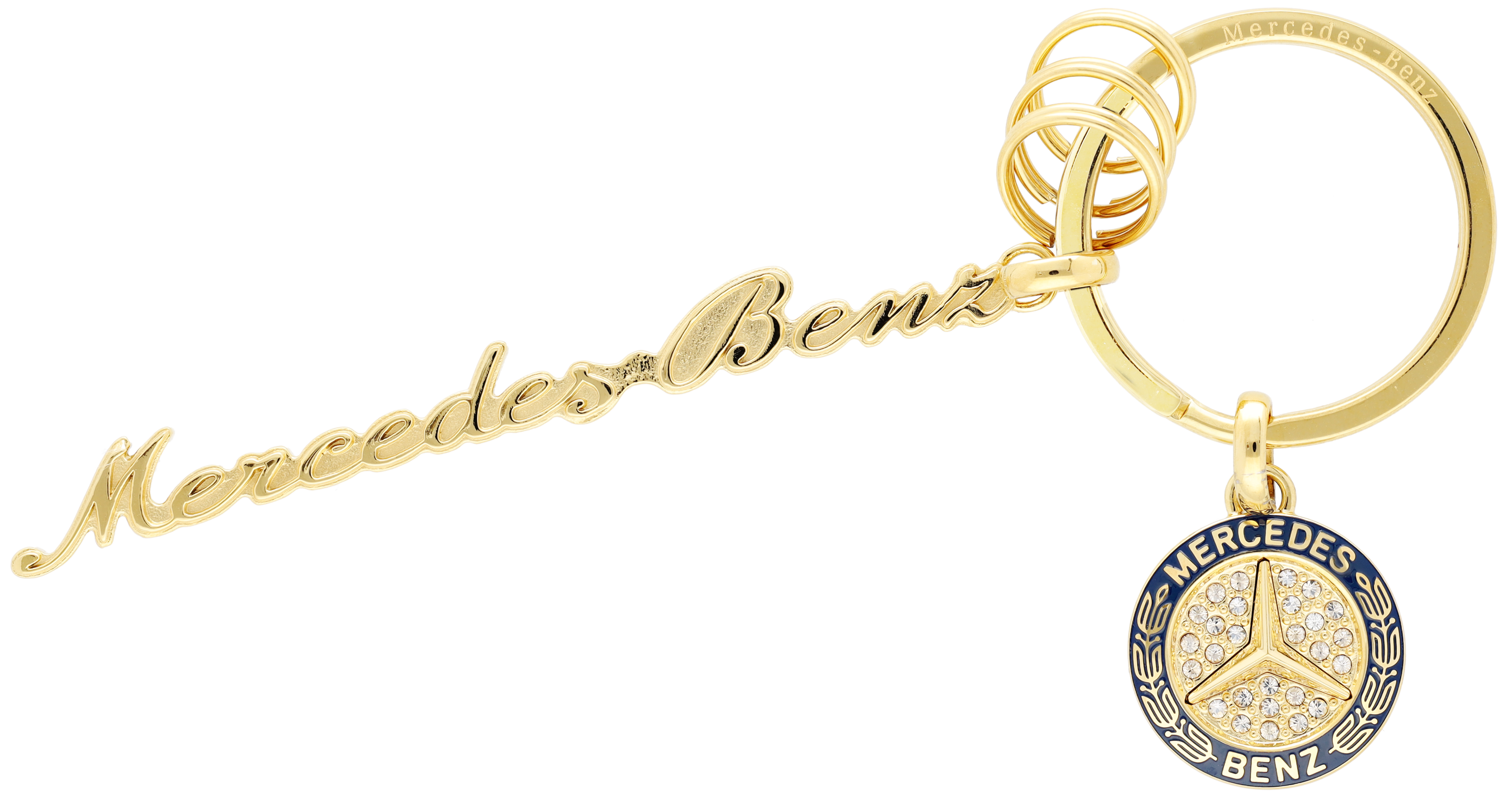 Breloczki do kluczy, Napis Mercedes Classic - żółte złoto / niebieski, stal nierdzewna / szkło kryształowe, polerowane