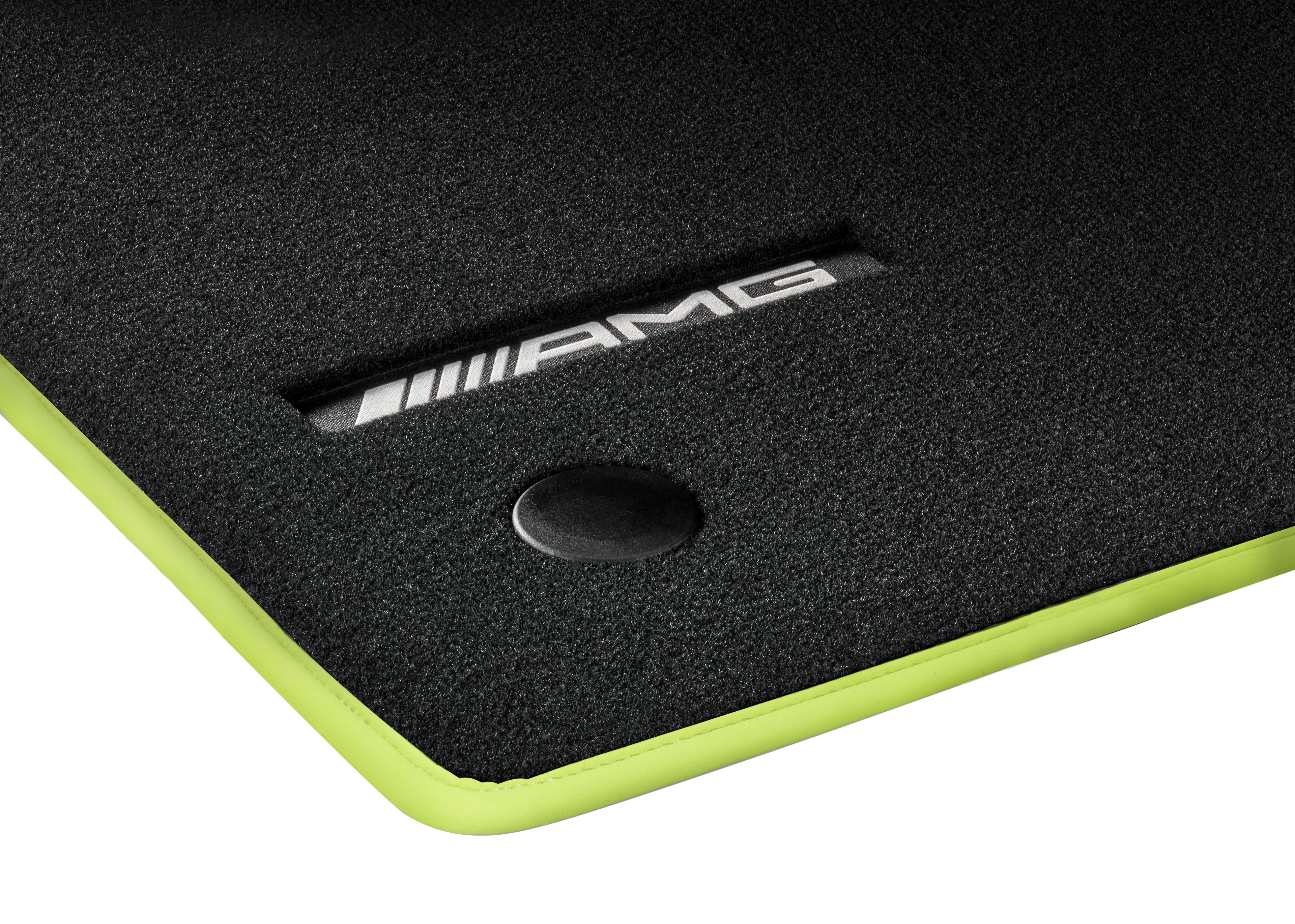 Dywaniki welurowe AMG, Zestaw, 4-częściowy, z tkanym logo AMG - kierownica z lewej strony, czerń, Obramowanie energygreen