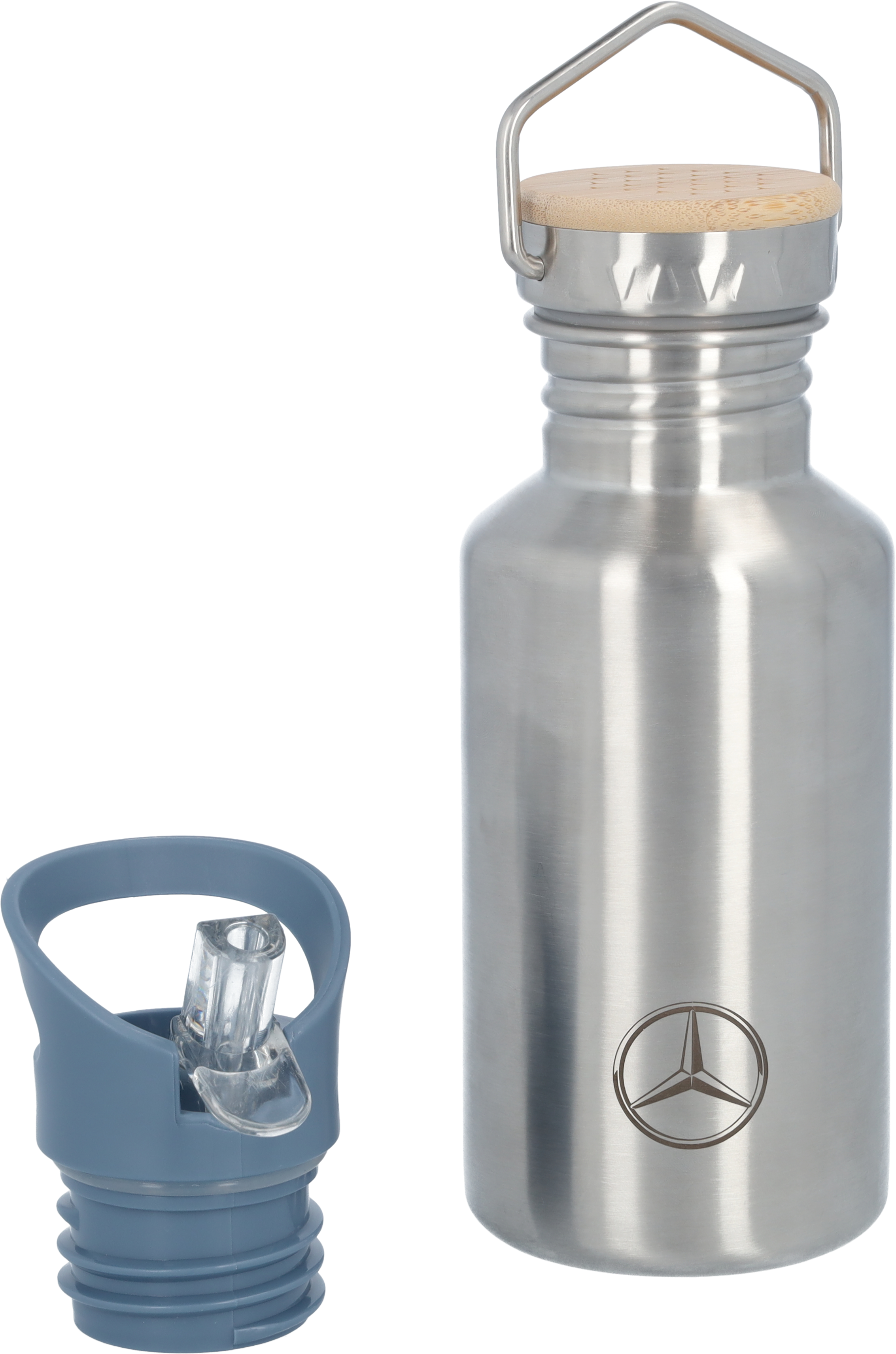 Trinkflasche Kinder, Mercedes-Benz - silberfarben / blau, Edelstahl / Bambus / Polypropylen, Lässig