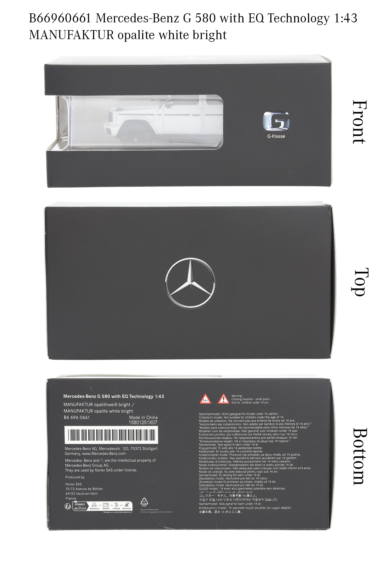 G 580 with EQ Technology, Geländewagen, AMG Line, N465 - MANUFAKTUR opalithweiß bright, Norev, 1:43