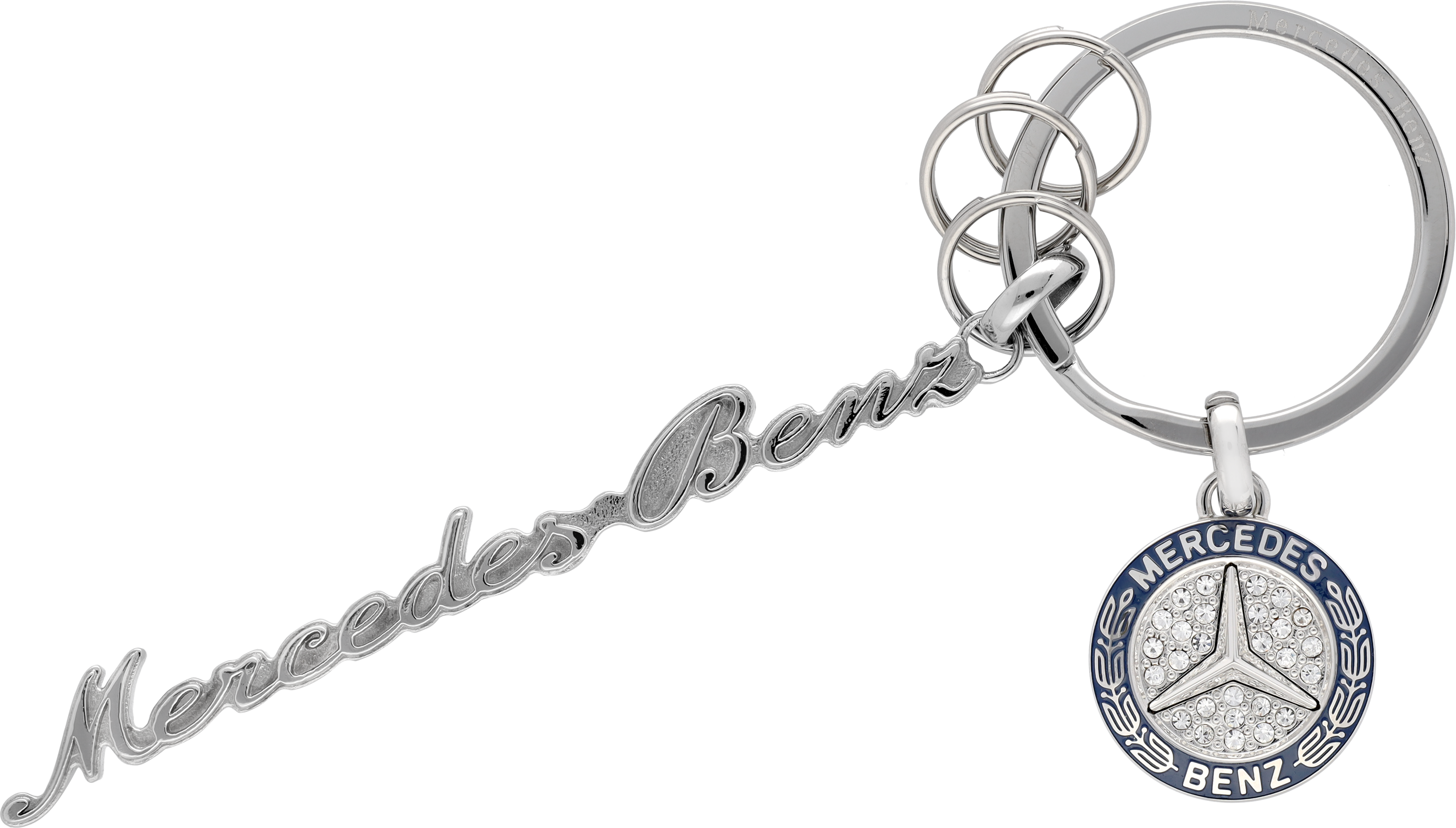 Schlüsselanhänger, Mercedes Classic Schriftzug - silberfarben / blau, Edelstahl / Kristallglas, poliert