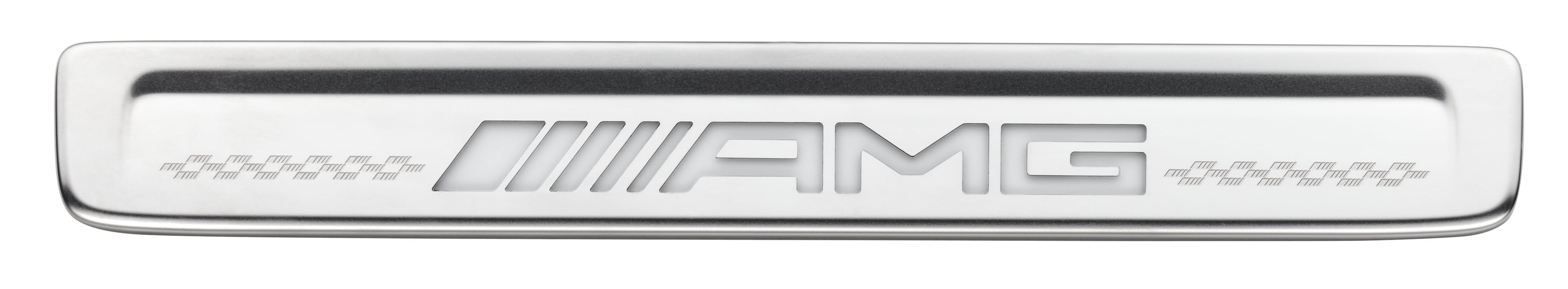 Wymienna nakładka na podświetlaną listwę progową, AMG, z przodu, 2-elementowy - stal nierdzewna, srebrny / biały