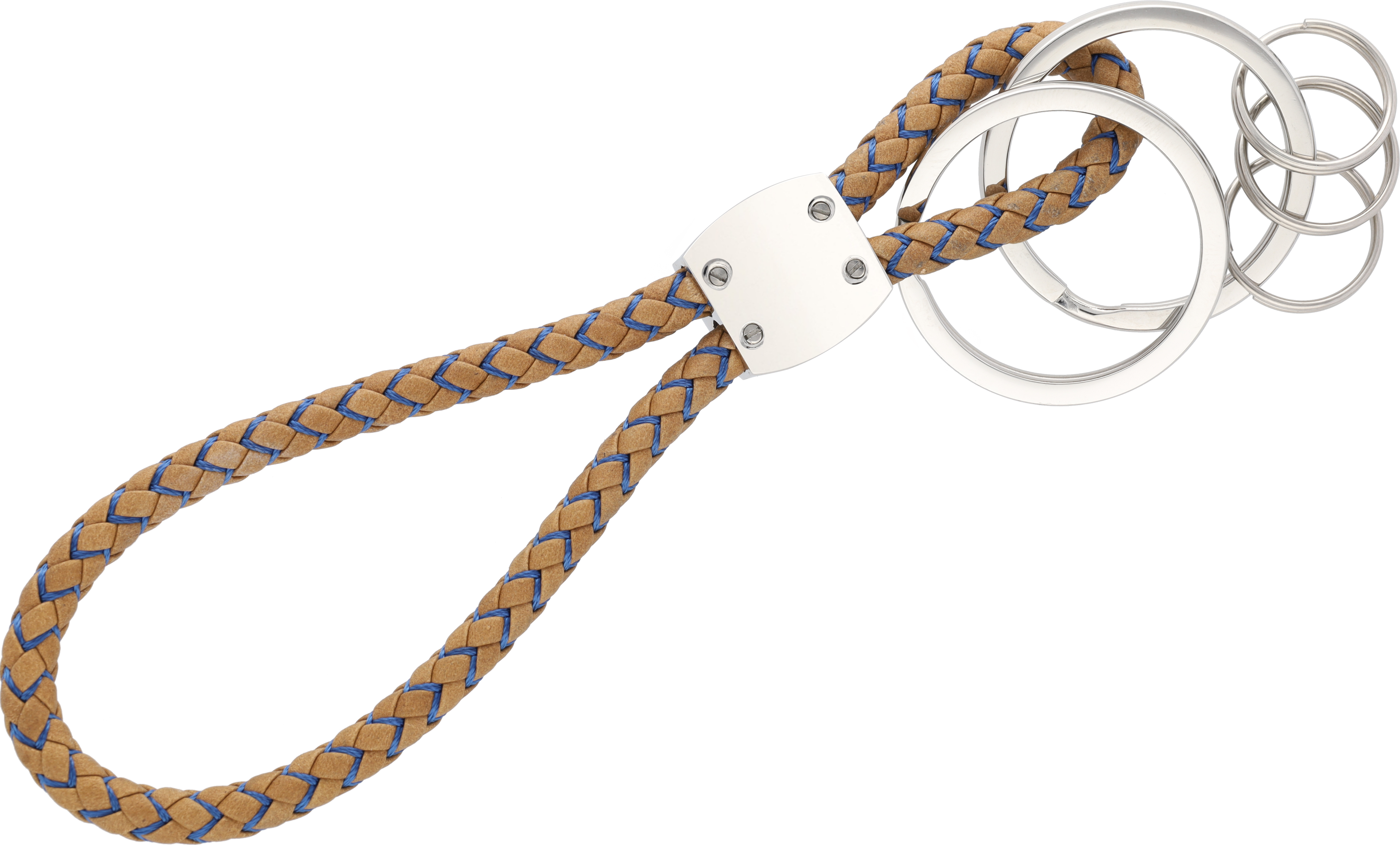 Schlüsselanhänger, CLASSIC, Elegance  - cognac / blau, Rindleder / Nylon / Edelstahl, hochglanzpoliert