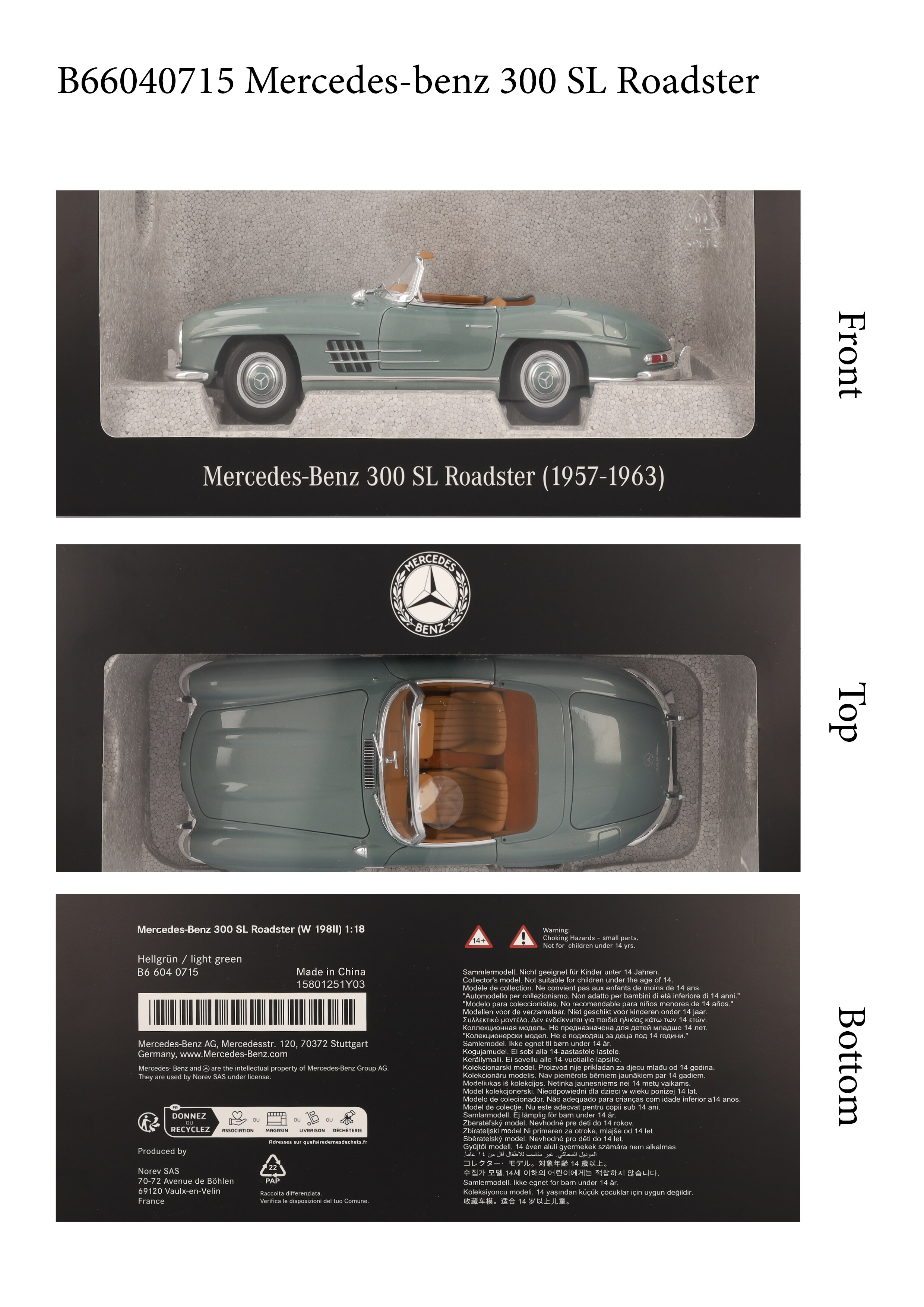300 SL Roadster W 198 II (1957-1963) - jasnozielony, Norev, 1:18