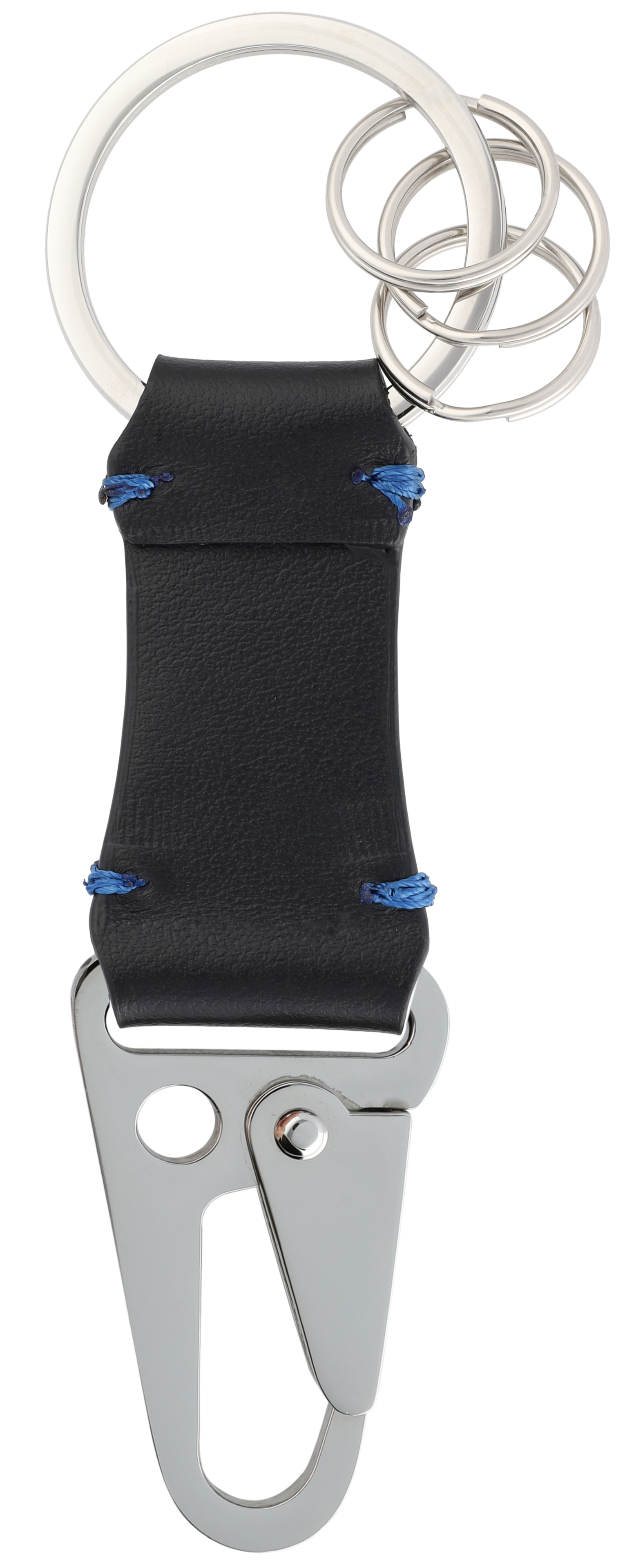 Breloczki do kluczy, Karabińczyk - czerń / niebieski, skóra bydlęca / stal nierdzewna, polerowane na połysk