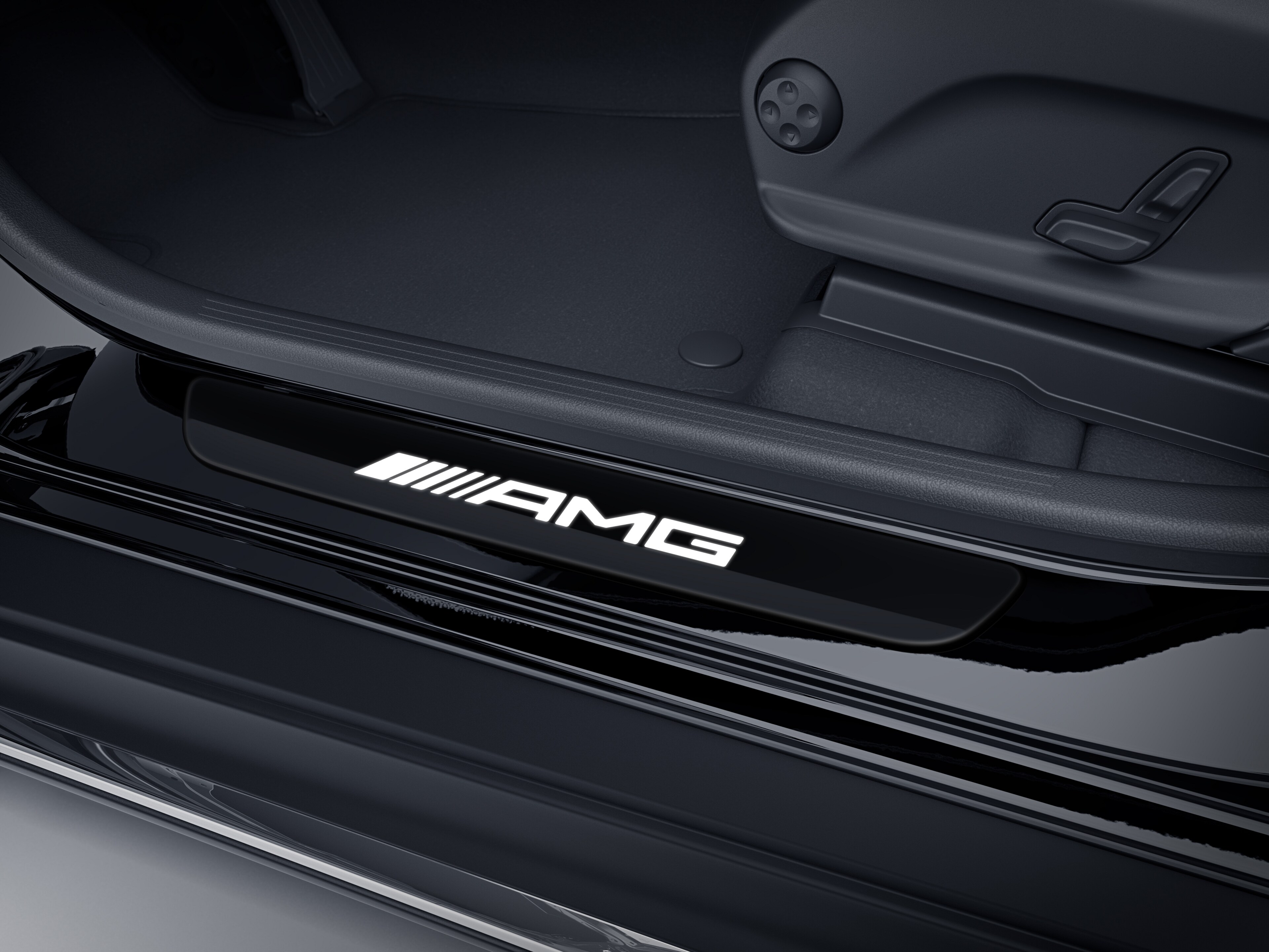 Wymienna nakładka na podświetlaną listwę progową, AMG, z przodu, 2-elementowy - stal nierdzewna, czerń / biały