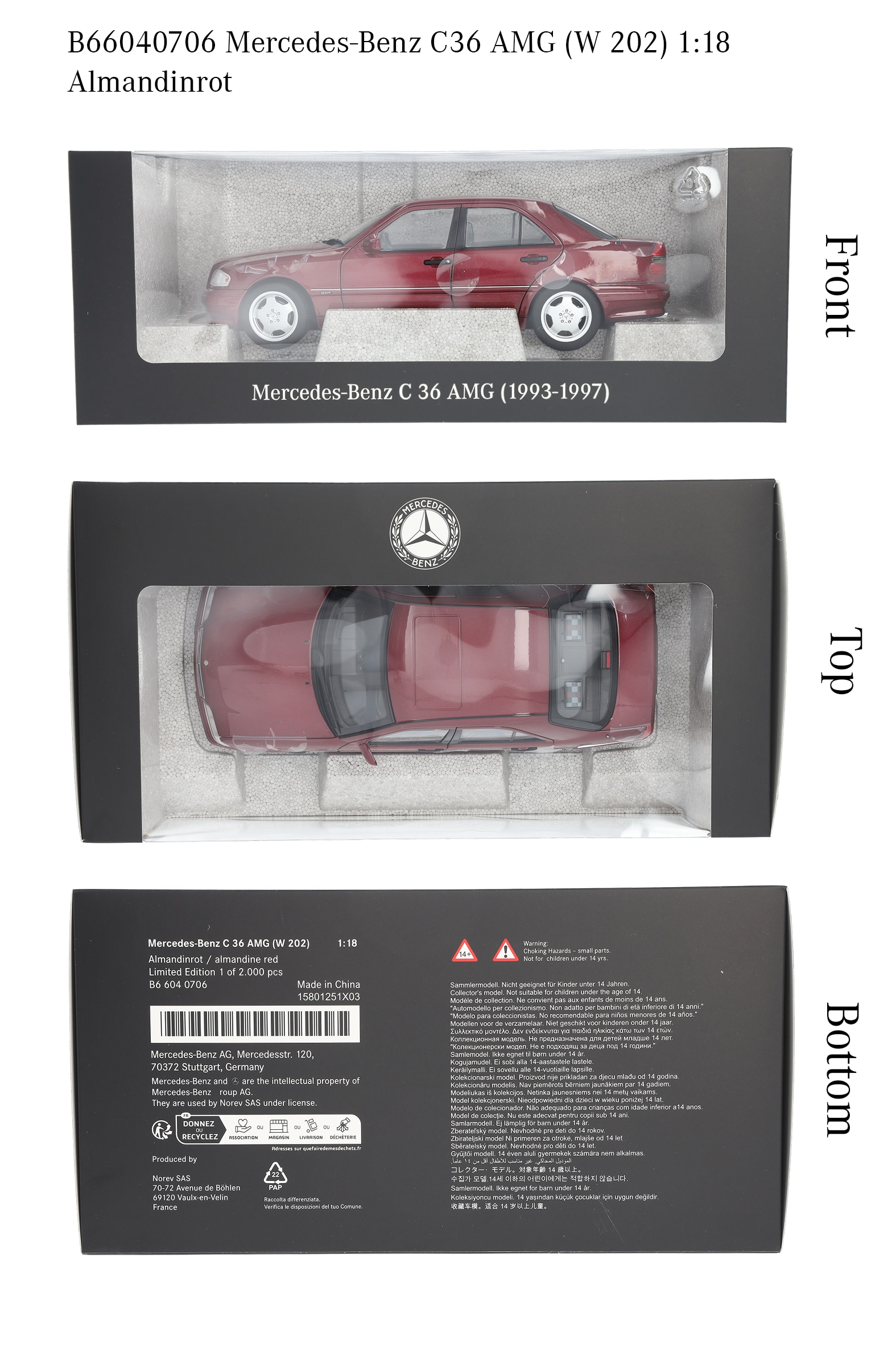 C 36 AMG Limousine W 202 (1993-1997) - almandinrot, Norev, 1:18
