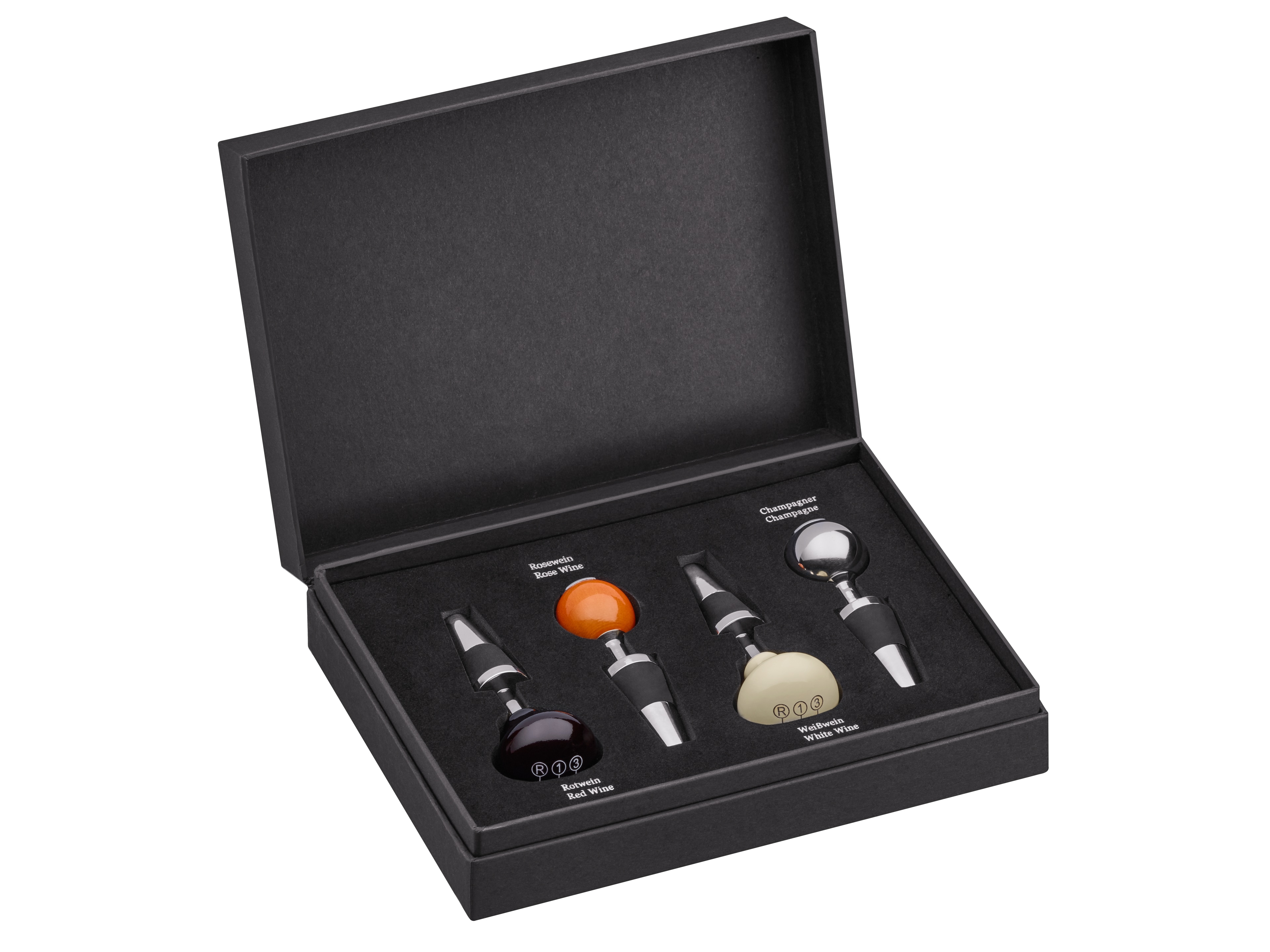 Weinverschlüsse, 4er-Set - silberfarben / elfenbein / weinrot, Edelstahl / Holz