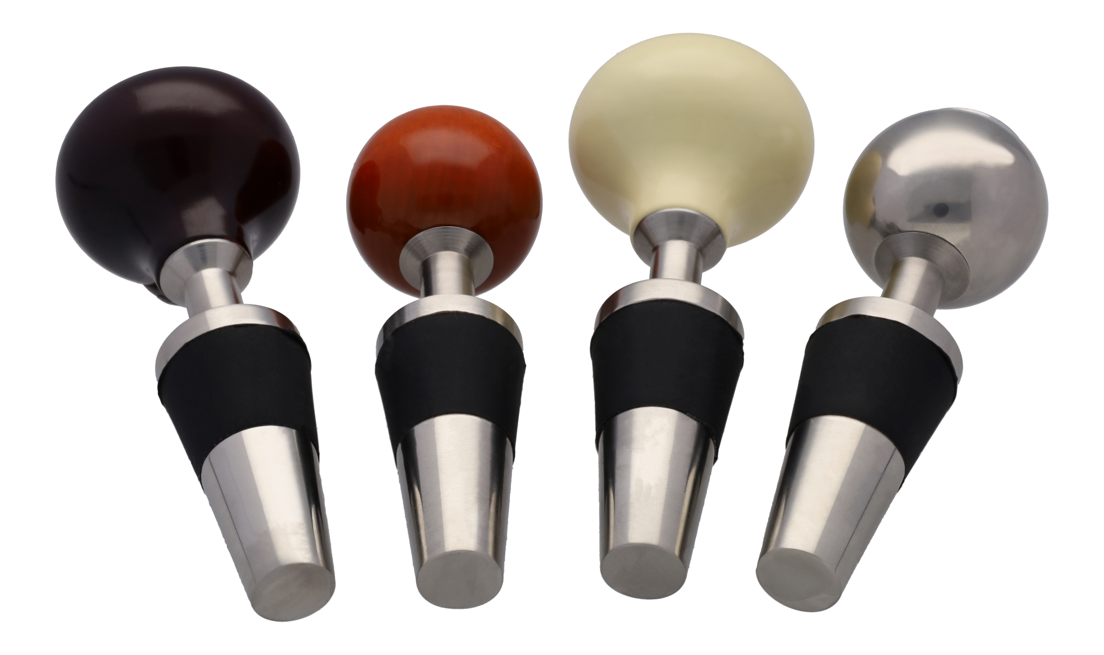 Korki do wina, Zestaw 4-częściowy - srebrny / kość słoniowa / czerwone wino, stal nierdzewna / drewno