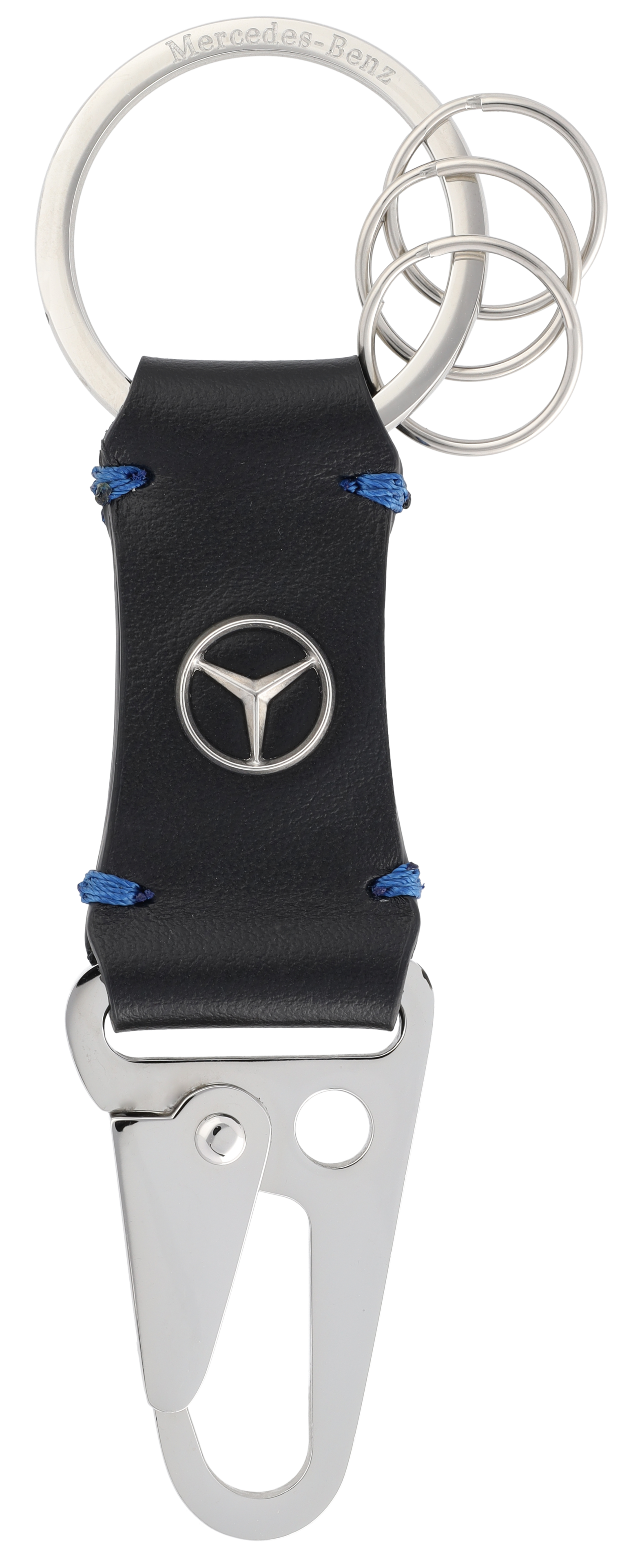 Schlüsselanhänger, Karabiner - schwarz / blau, Rindleder / Edelstahl, hochglanzpoliert