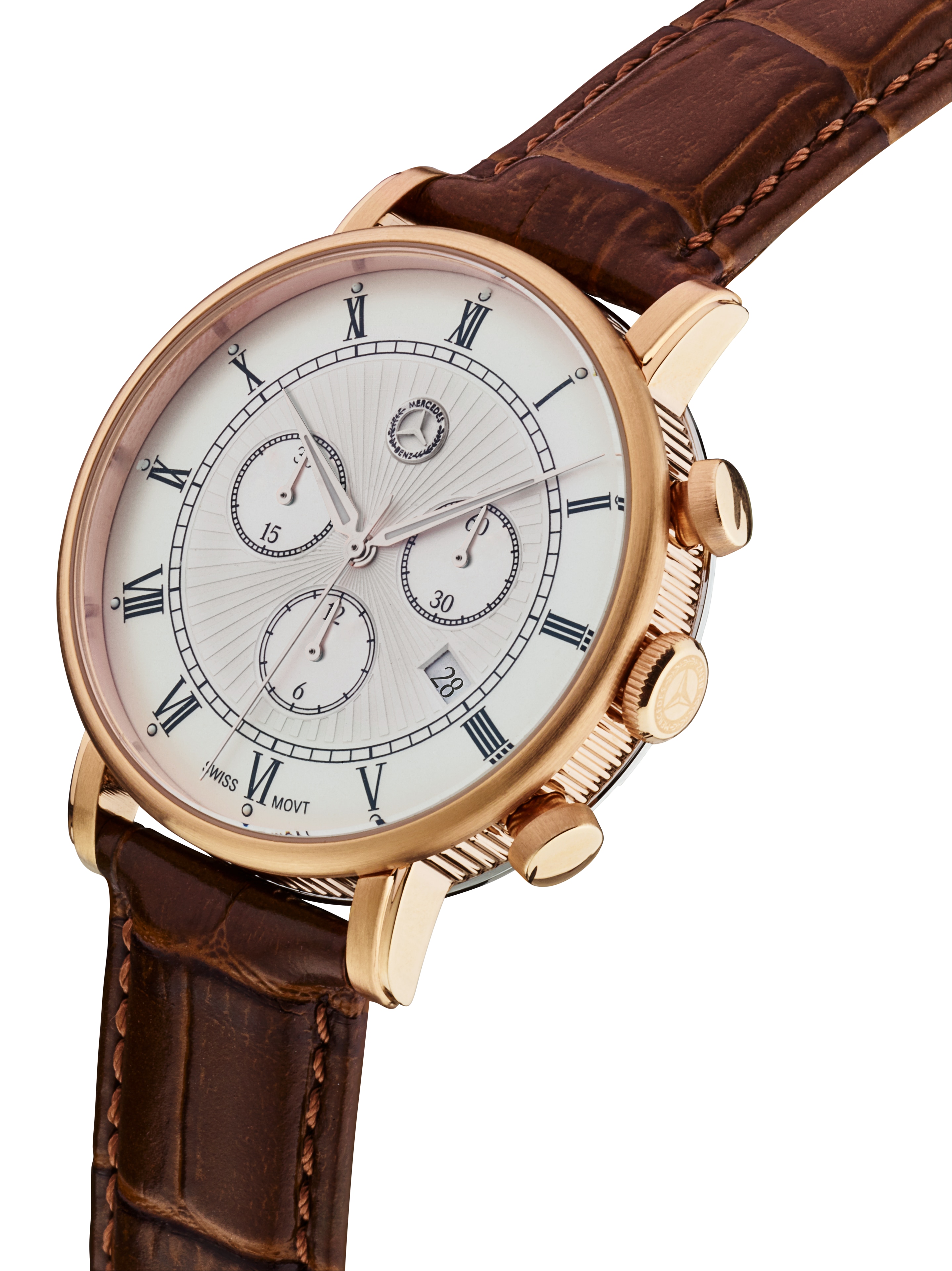 Chronograph Herren, Classic Retro Gold - roségoldfarben / braun, Edelstahl / Kalbsleder